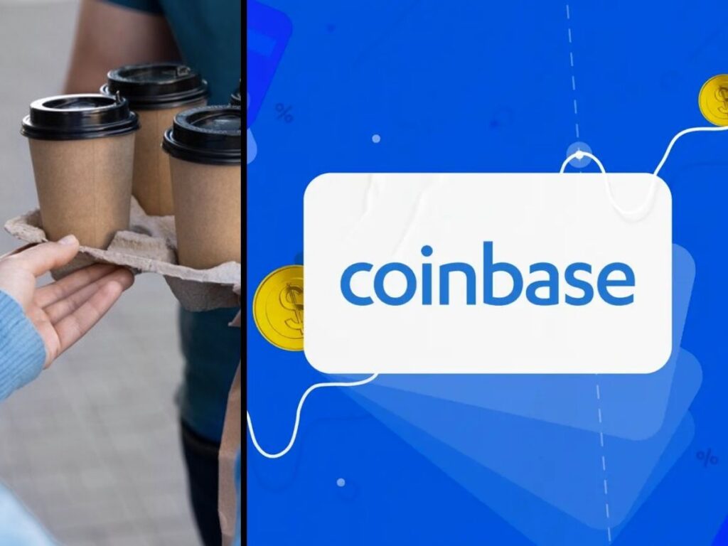 A logo for the company Coinbase next to a picture of someone handing out cups of coffee