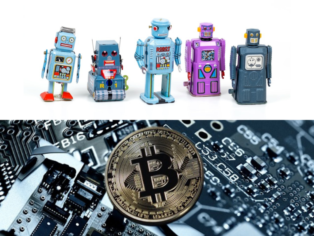 A row of antique robot toys above a Bitcoin against a digital background.