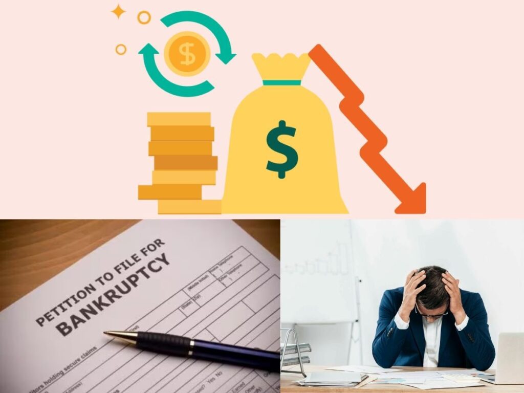 A graphic of a pile of money next to a money bag with a red arrow pointing down; a form titled “Petition to file for bankruptcy”, and a man holding his head in despair as he looks at his financials