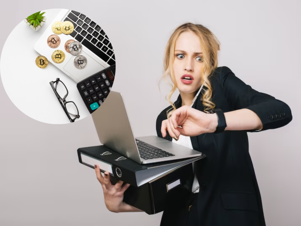 a frazzled young woman checks her watch as she precariously balances a computer and a stack of binders in her arm. She looks alarmed. Inset: Bitcoin scattered on a desk with a pair of glasses.