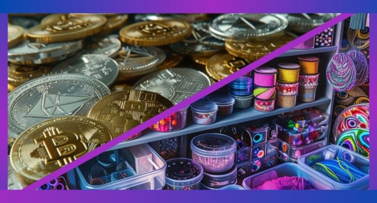 a pile of jumbled cryptocurrency coins separated by a purple line from a beautifully organized craftroom full of colorful beads and craft supplies sorted by bins and other containers