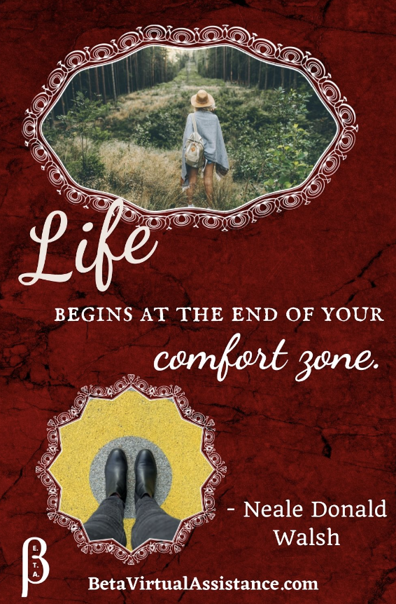 Life begins at the end of your comfort zone. Quote by Neale Donald Walsh. A woman in a hat faces a meandering forest pathway. Looking down at two boots on a yellow circle.