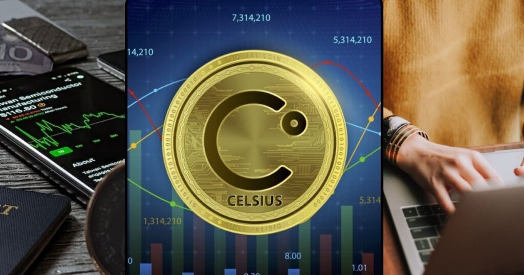 The Celsius logo between a picture of a phone with a trading chart on it, gold bars, and other investments, and someone working on their computer