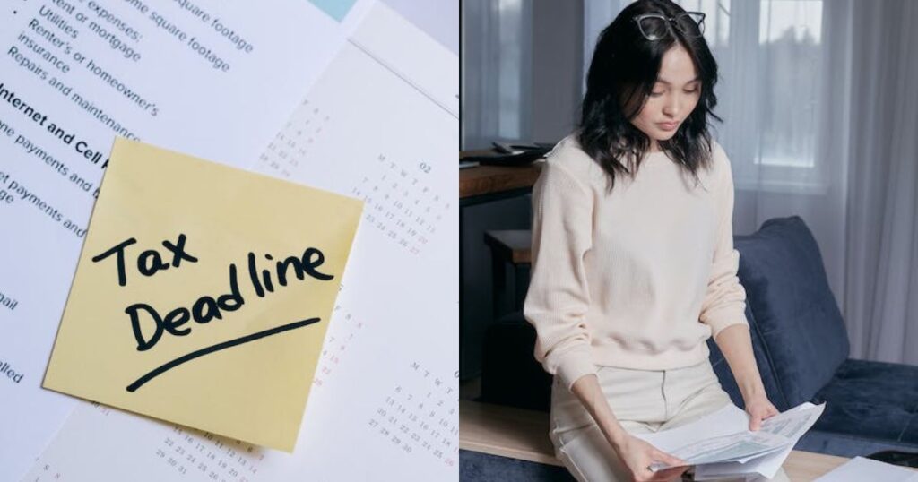 A yellow sticky note that says “Tax Deadline” on top of a pile of papers. A woman looking at her tax forms.