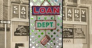 a sign that says “Loan Dept” hangs on a lattice overlaid on an old-style photo of a building offering loans against your salary