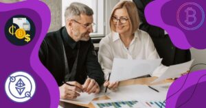 a professional looking woman and man smile over a report with more financial reports on the table; logos of Bitcoin and Ethereum and the Crypto Bookkeeping Simplified membership