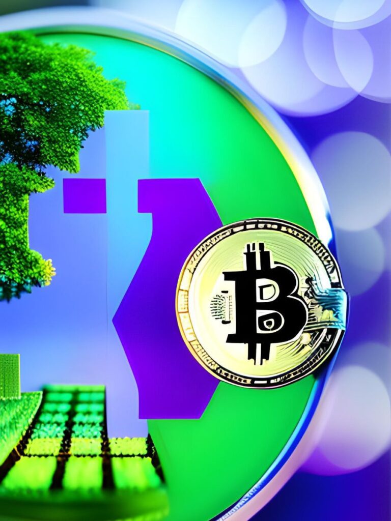 artwork combining a gold Bitcoin with an impression of a green digital environment including a tree