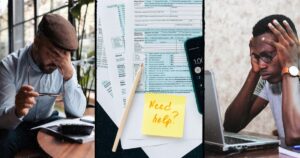 three panel picture of two frustrated men holding their head or rubbing their eyes with a center panel of tax forms, a pencil, a calculator, and a yellow stickie note that says “need help?”