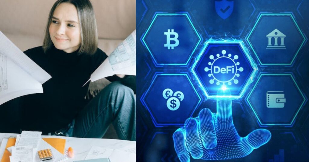 A woman shuffles tax papers in confusion; a blue diagram of a Defi symbol surrounded by the Bitcoin symbol, a picture of a wallet, a picture of a bank, and a picture of various fiat coins