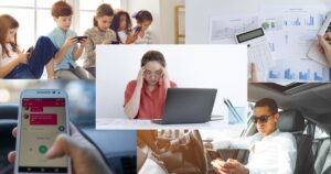 A series of pictures showing kids absorbed by their phones, texting while driving, a woman frustrated and rubbing her temples as she works at her computer, the noise of reports and other distractions.