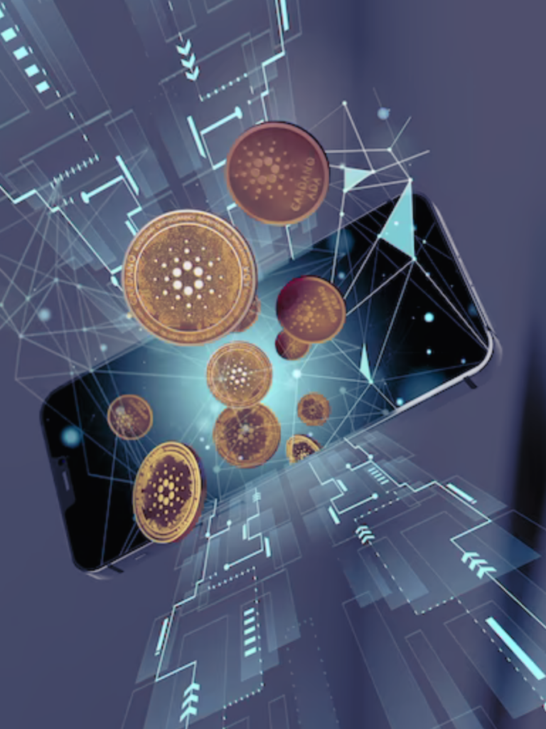 several crypto coins floating in front of a phone with additional digital art added