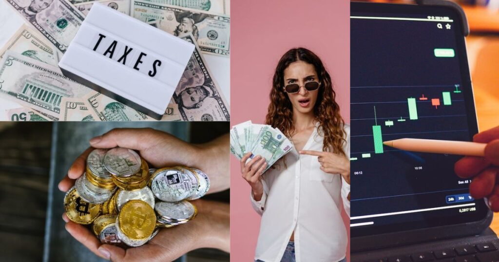 A collection of pictures including someone holding a handful of cash with a confused look on their face, a pile of USA dollars spread over a table with a sign that says “taxes”, someone pointing to a green candle in a trading software and a hand holding a pile of silver and gold Bitcoins.