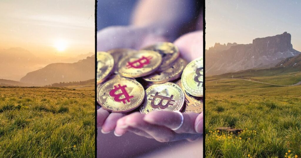 a green field at sunset with hands holding golden bitcoins in the middle