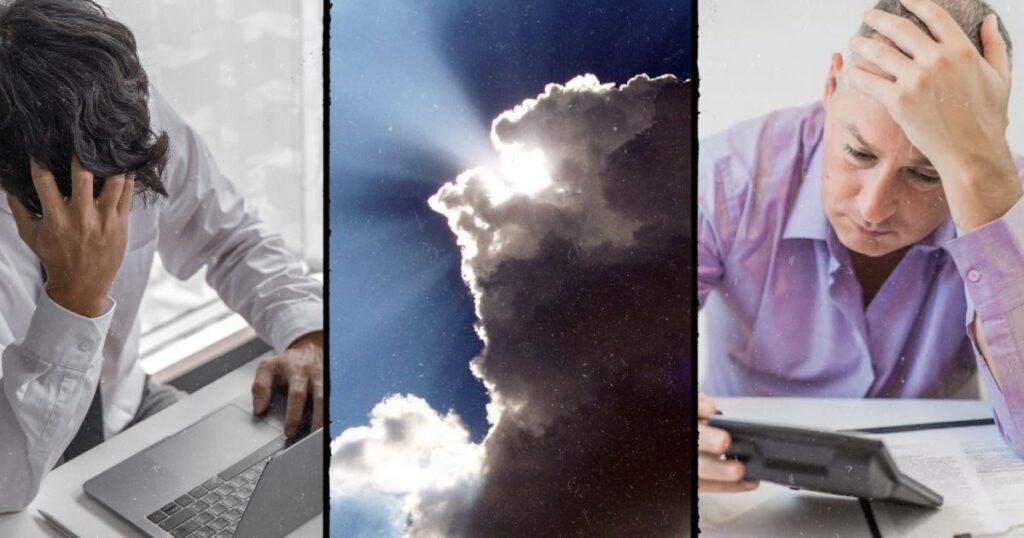 two men hold their heads in frustration as they look at their computer or calculator but the sun is peeking thru some dark clouds with a silver lining