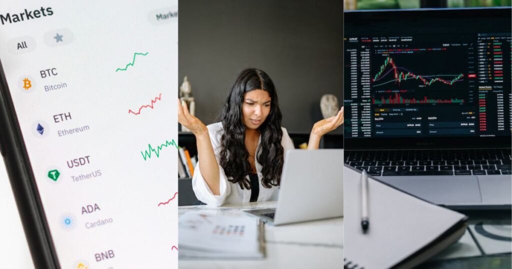 A woman working on her computer throws up her hands in frustration, a computer open to trading software and a phone showing crypto trades